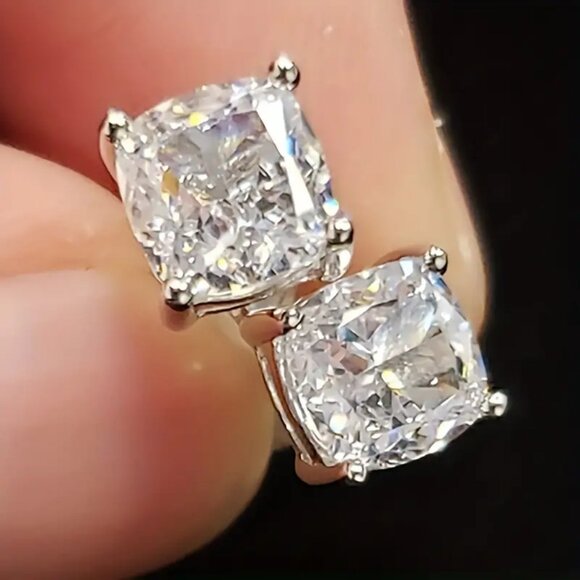 Silvery Square Zircon Stud Earrings For Women High Jewelry - Picture 1 of 4